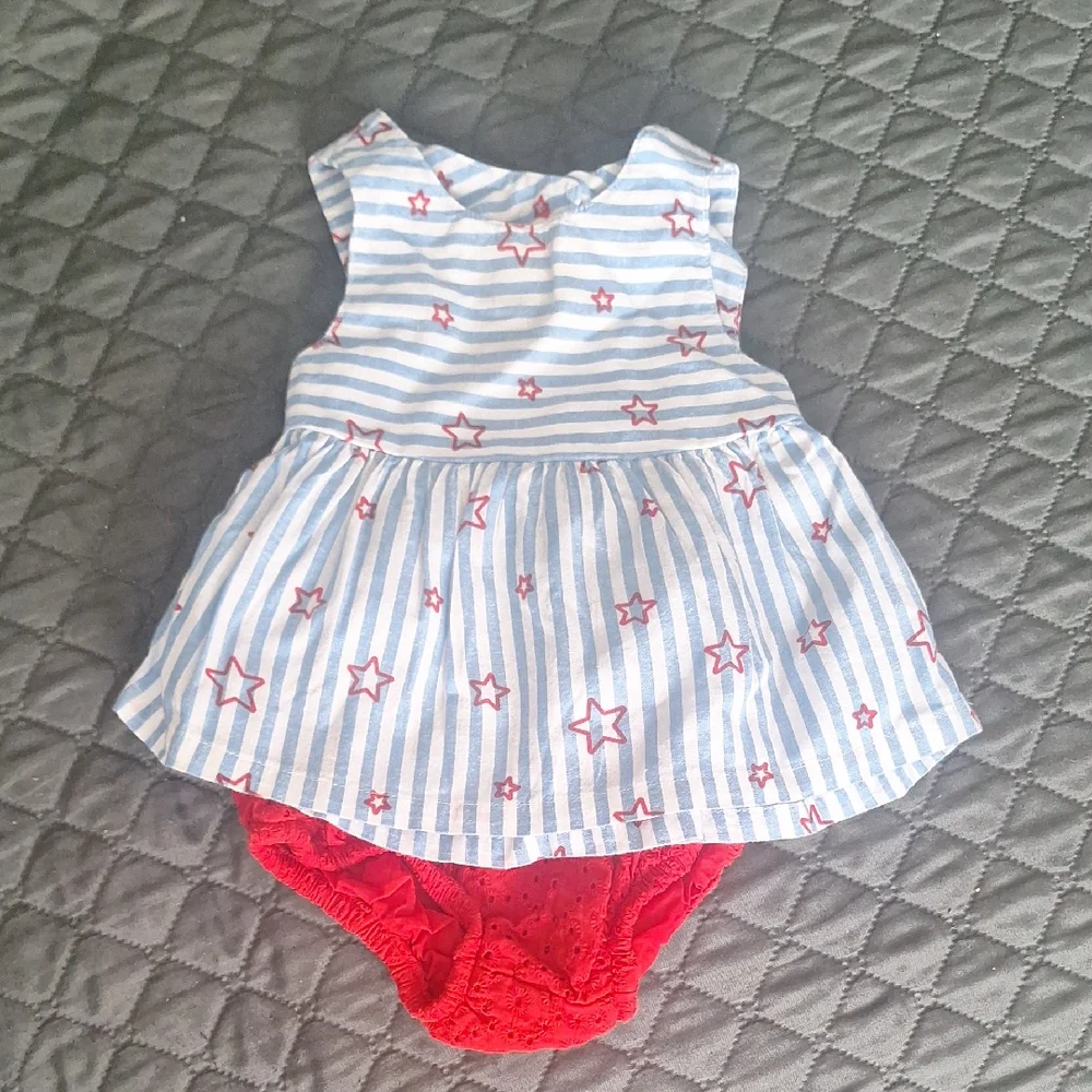 Striped Blue and Red Star Dress with Bloomers, size 6-9 months